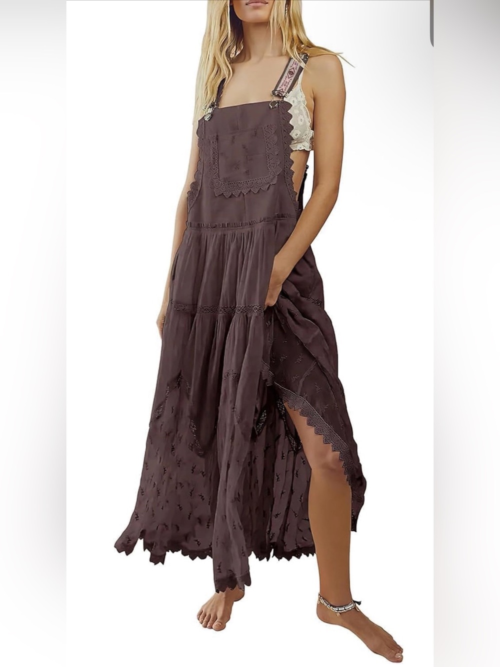 Boho Tiered Tulle Bib Maxi Pinafore Dress in Coffee Brown